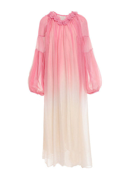 Pink O-neck Gradient Color Embroideried Hoold Silk Maxi Dresses Long Sleeve