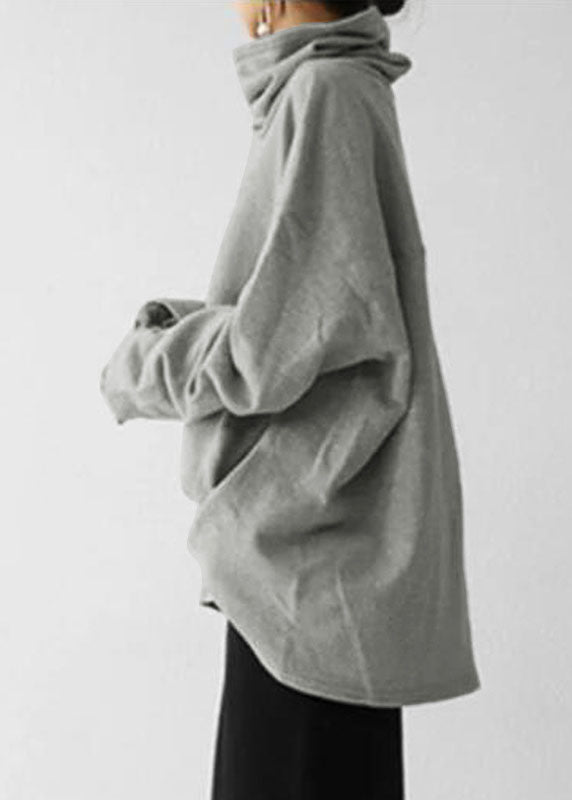 Loose Grey Hign Neck Patchwork Cotton Pullover Spring