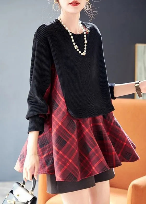 Italian Black Plaid Patchwork Fake Two Pieces Top Spring