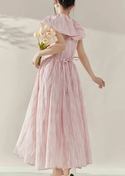Pink Peter Pan Collar Tie Waist Maxi Dress Short Sleeve