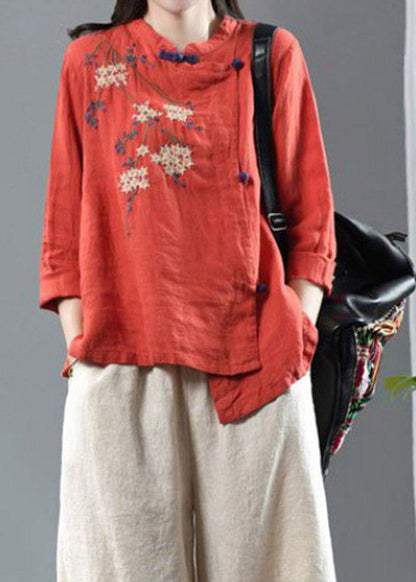 Orange O-neck Asymmetrical Design Button Embroideried Linen Top Long Sleeve
