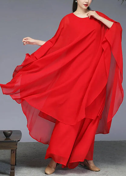Red Maxi Dress and Wide Leg Pants Two Piece Set Batwin Sleeve
