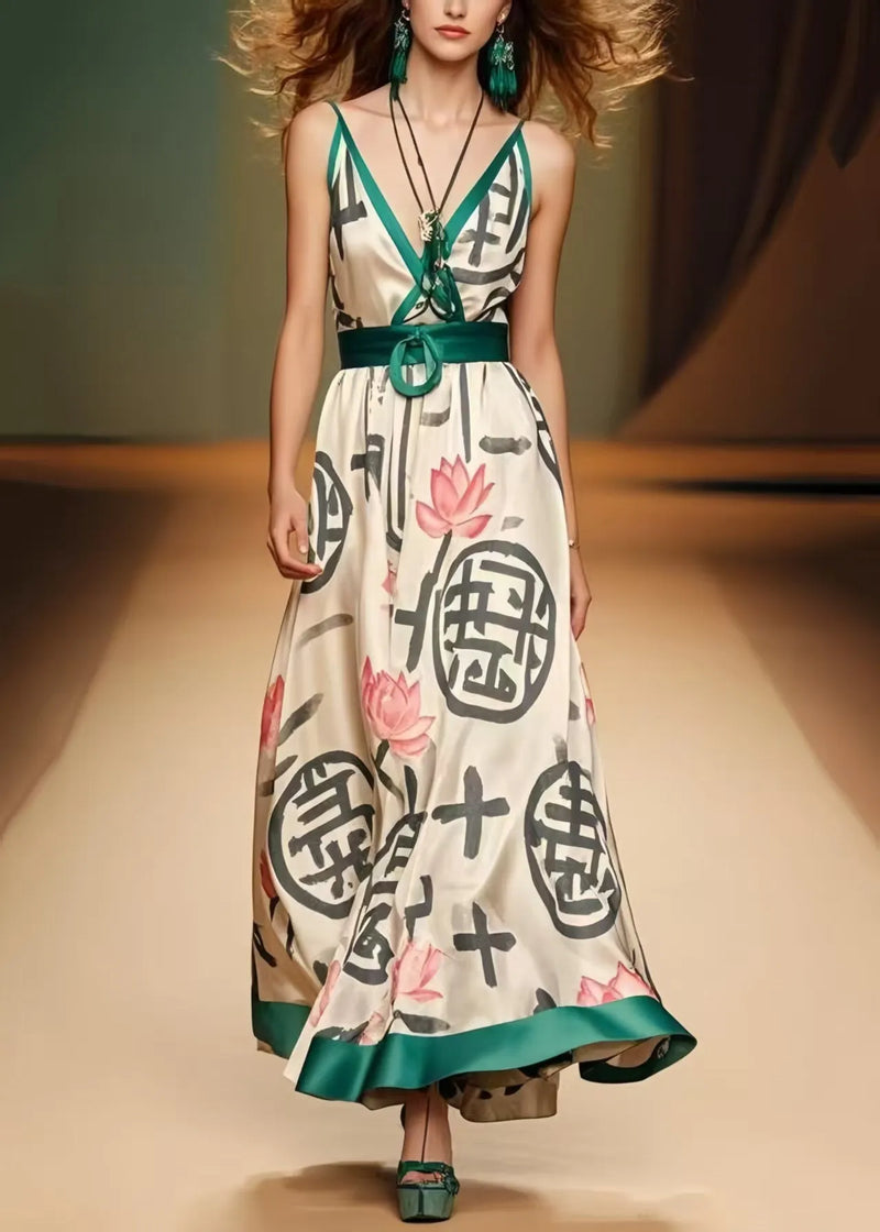 Khaki Cinched Print Silk Spaghetti Strap Dress Summer