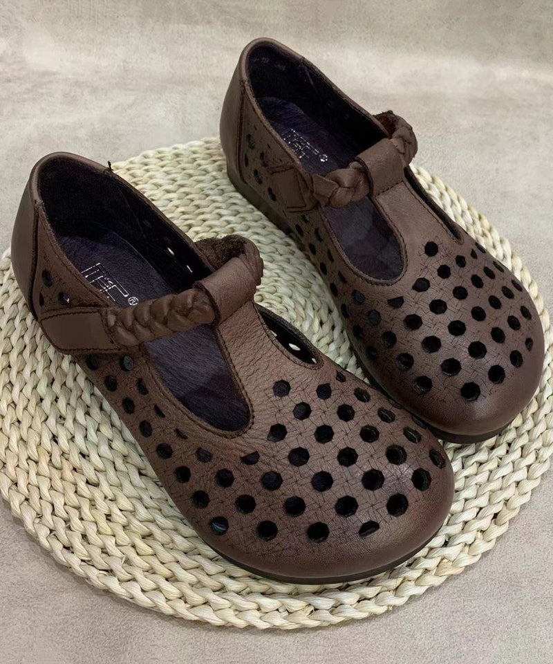 Comfy Caramel Flat Shoes Hollow Out Cowhide Leather