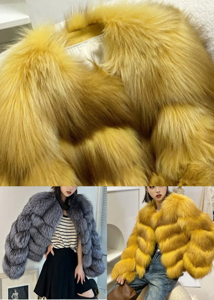 Classy Yellow Fox Collar Leather and Fur Coats Winter