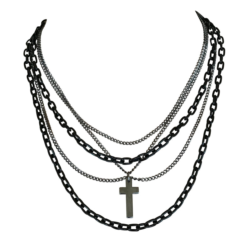 Multilayer Gothic 80s Retro Black and Gunmetal Chain Necklace With Cross