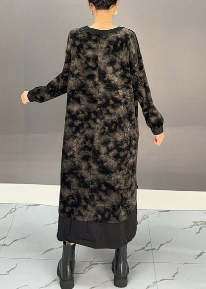 Black O-neck Tie Dye Side Open Silk Velour Maxi Dress Winter