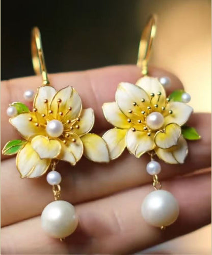 Stylish Yellow Sterling Silver Alloy Pearl Tassel Drop Earrings