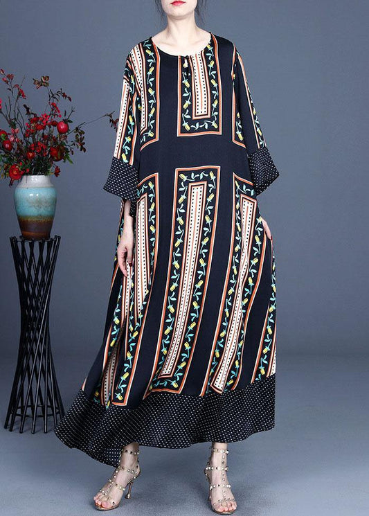 Modern Black Print Summer Silk Long Dresses Long Sleeve