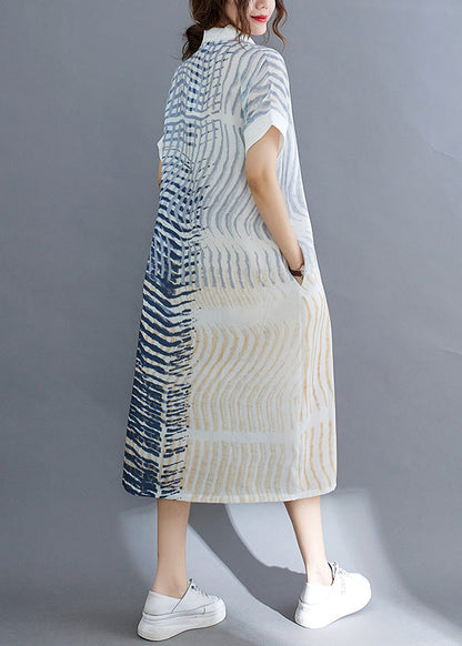 Striped Button Cotton Long Dress Short Sleeve