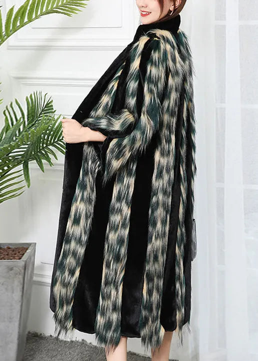 Gradient Color Striped Patchwork Faux Leather and Fur Coat Outwear Winter