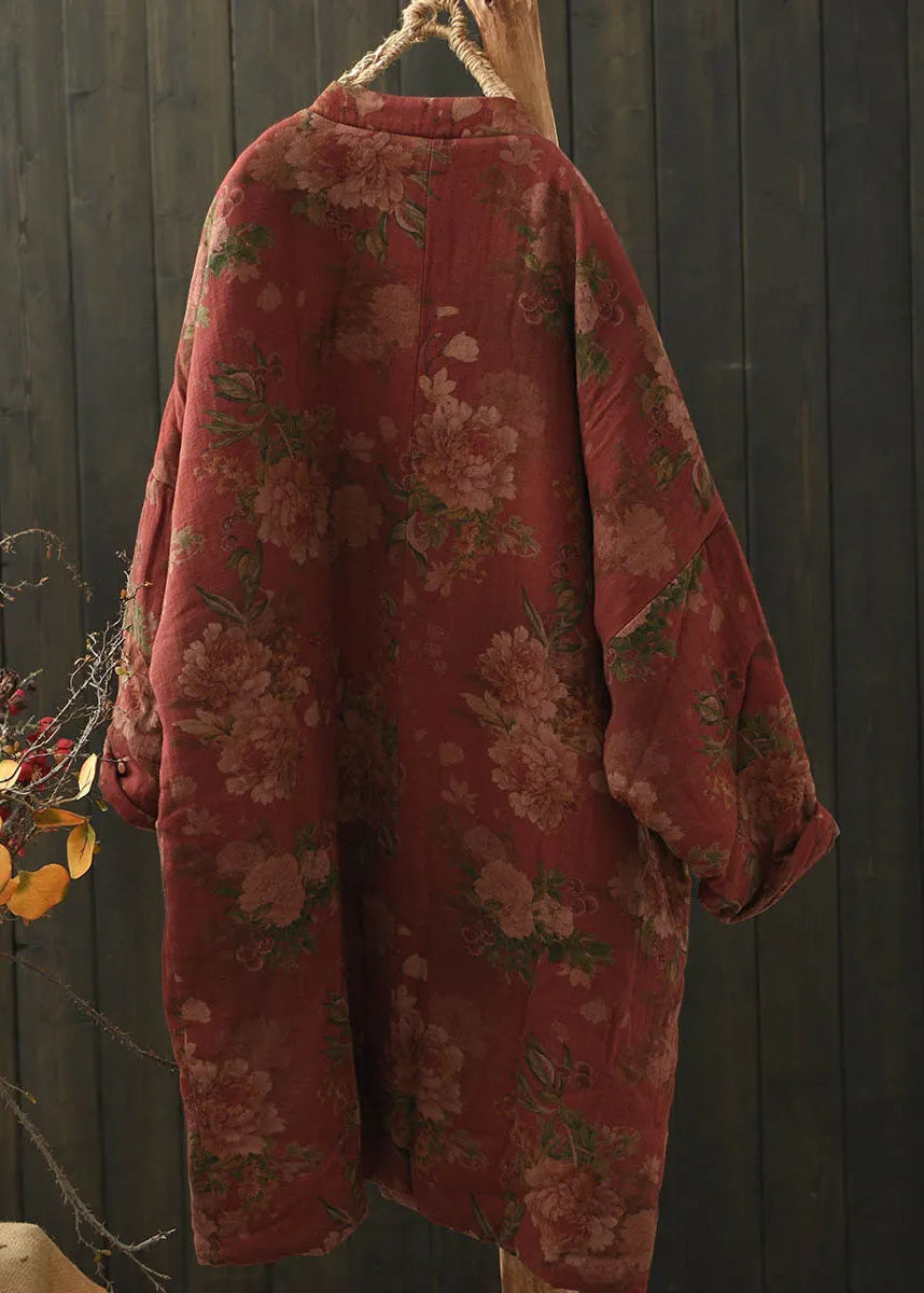 Red Pockets Print Oriental Button Fine Cotton Filled Coat Winter