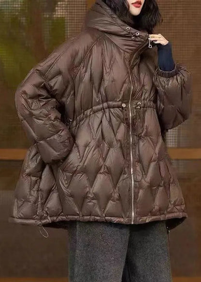Coffee Hooded Drawstring Patchwork Cotton Coat Winter