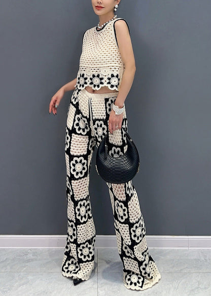 White O Neck Hollow Out Cotton Two-piece Set Sleeveless