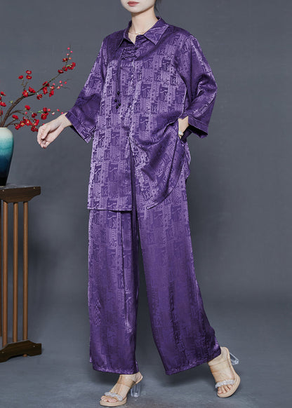Purple Print Silk Oriental Two-piece Set Tasseled Fall