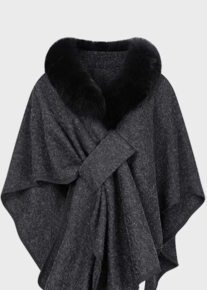 Dark Grey Fur Collar Coats Batwing Sleeve