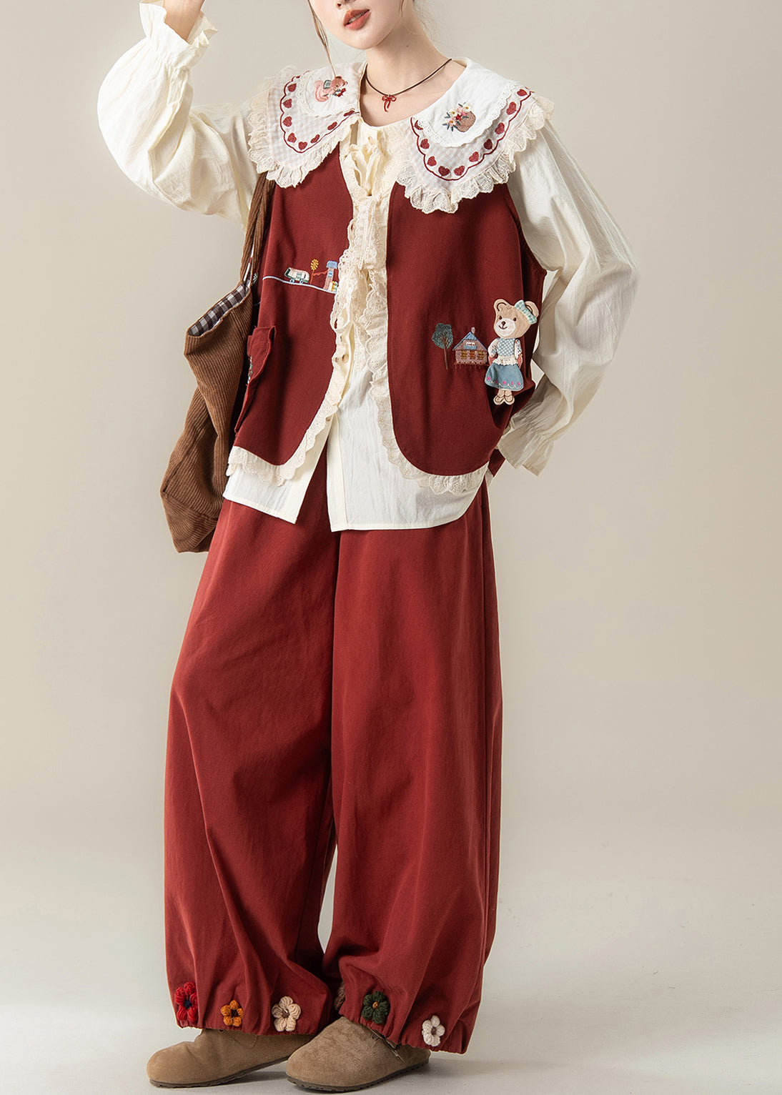 Red Peter Pan Collar Lace Patchwork Cotton Three Piece Set Fall