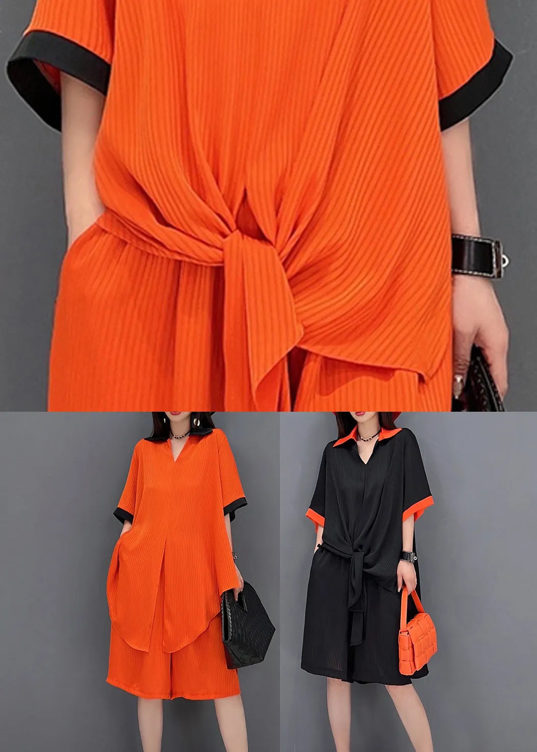 Red Draping Chiffon Long Shirt and Shorts Sets 2 Pieces Peter Pan Collar Side Open Summer