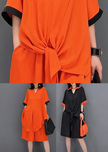 Red Draping Chiffon Long Shirt and Shorts Sets 2 Pieces Peter Pan Collar Side Open Summer