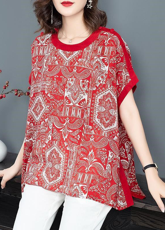 Red O-neck Print Draping Chiffon Tank Tops Short Sleeve
