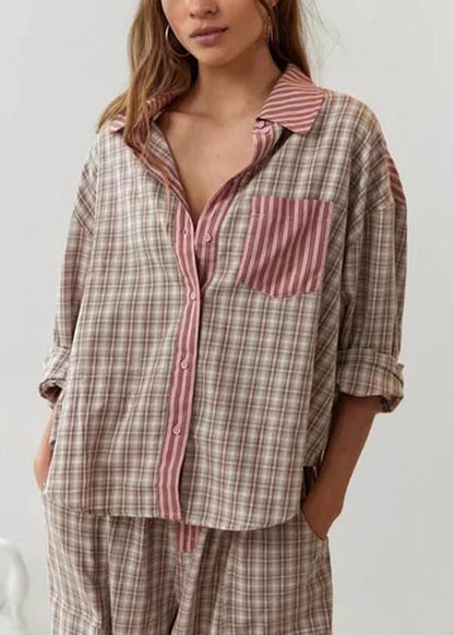 Coffee Plaid Patchwork Cotton Pajamas Two Piece Suit Set Spring