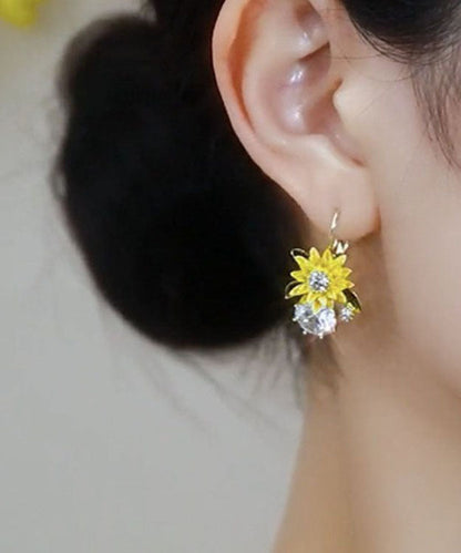 Yellow Sterling Silver Overgild Zircon Sunflower Drop Earrings