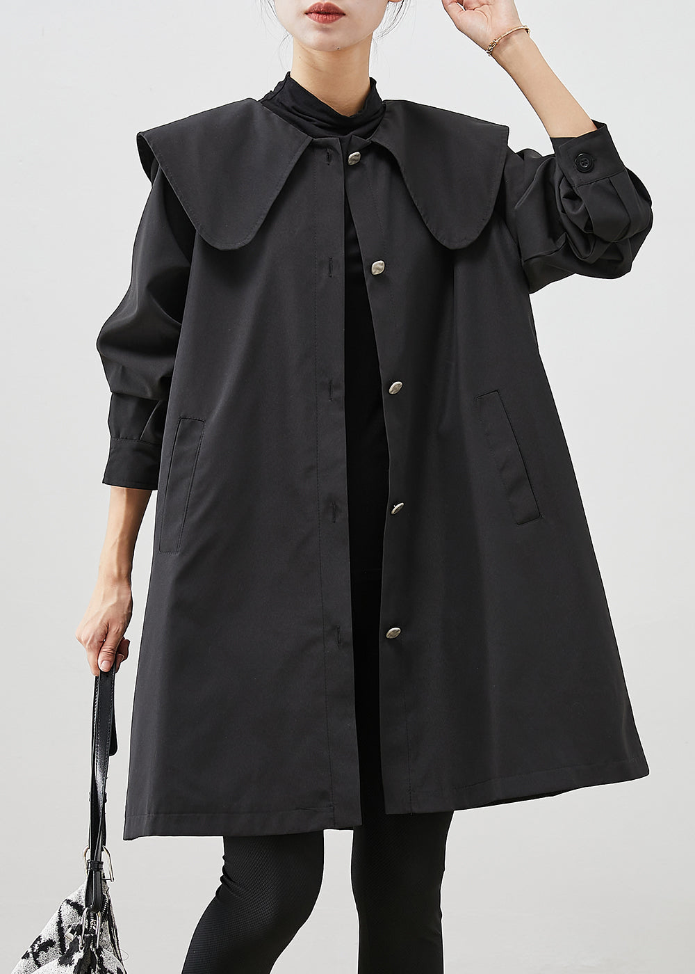 Black Peter Pan Collar Pockets Cotton Coat Outwear Fall