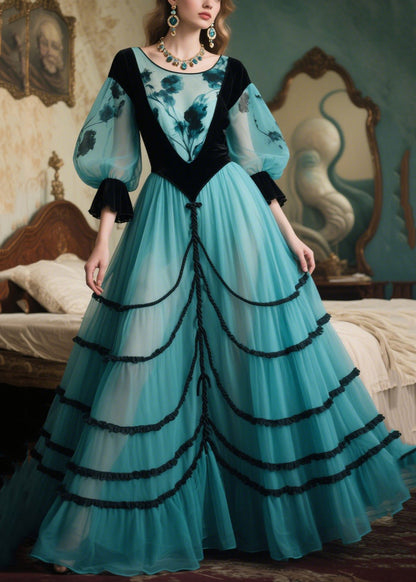 Lake Blue Puff Sleeve Patchwork Tulle Party Dresses