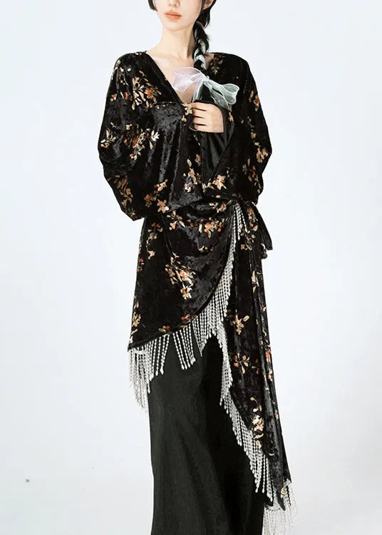 Black Asymmetrical Print Lace Up Velour Silk Dress Spring