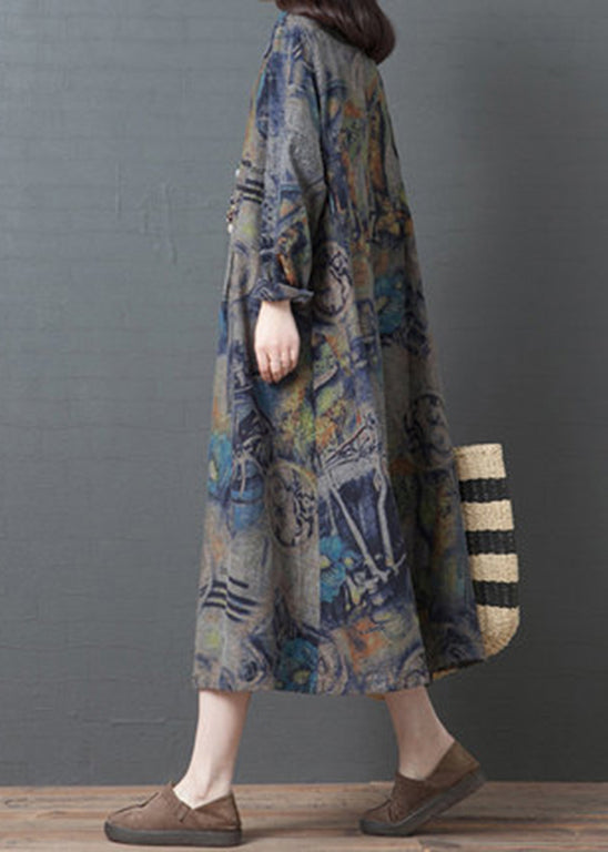 Blue Peter Pan Collar Pockets Print Cotton Party Dress Long Sleeve