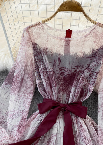 Diy Mulberry O-neck Print Tulle Long Dress Long Sleeve