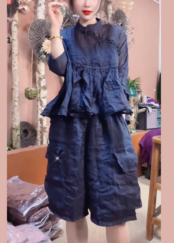 Loose Navy Pockets Linen Two Pieces Set Bracelet Sleeve