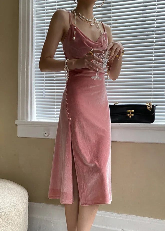 Pink Button Side Open Silk Velour Spaghetti Strap Dress Sleeveless
