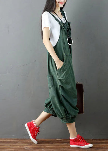 Green Wrinkled Patchwork Denim Jumpsuit Pants Summer