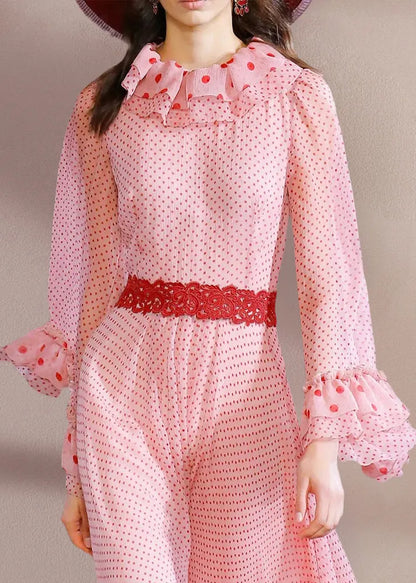 Pink Ruffled Dot Patchwork Chiffon Dresses Spring