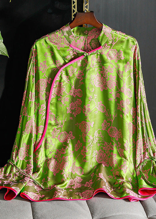Green Stand Collar Chinese Button Patchwork Jacquard Silk Shirt Long Sleeve