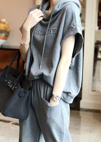 Grey Hooded Sport Suit Cotton Two Pieces Set Summer