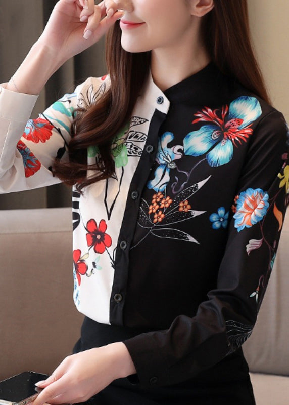 Colorblock Stand Collar Print Button Chiffon Shirts Long Sleeve