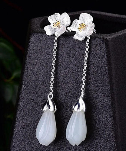 White Sterling Silver Inlaid Jade Drop Earrings