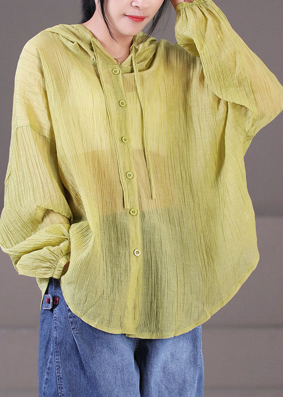 Green Hooded Wrinkled Cotton Upf 50+ Coat Jacket Long Sleeve