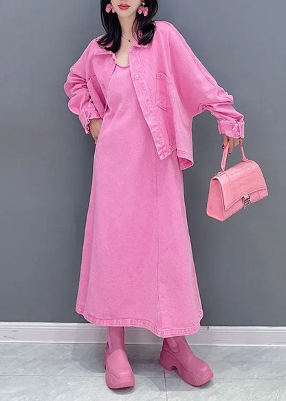 Pink Coats and Dress Denim Two Pieces Set Spring