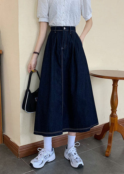 Modern Blue Zip Up Pocket Button Patchwork Cotton a Line Skirts Summer