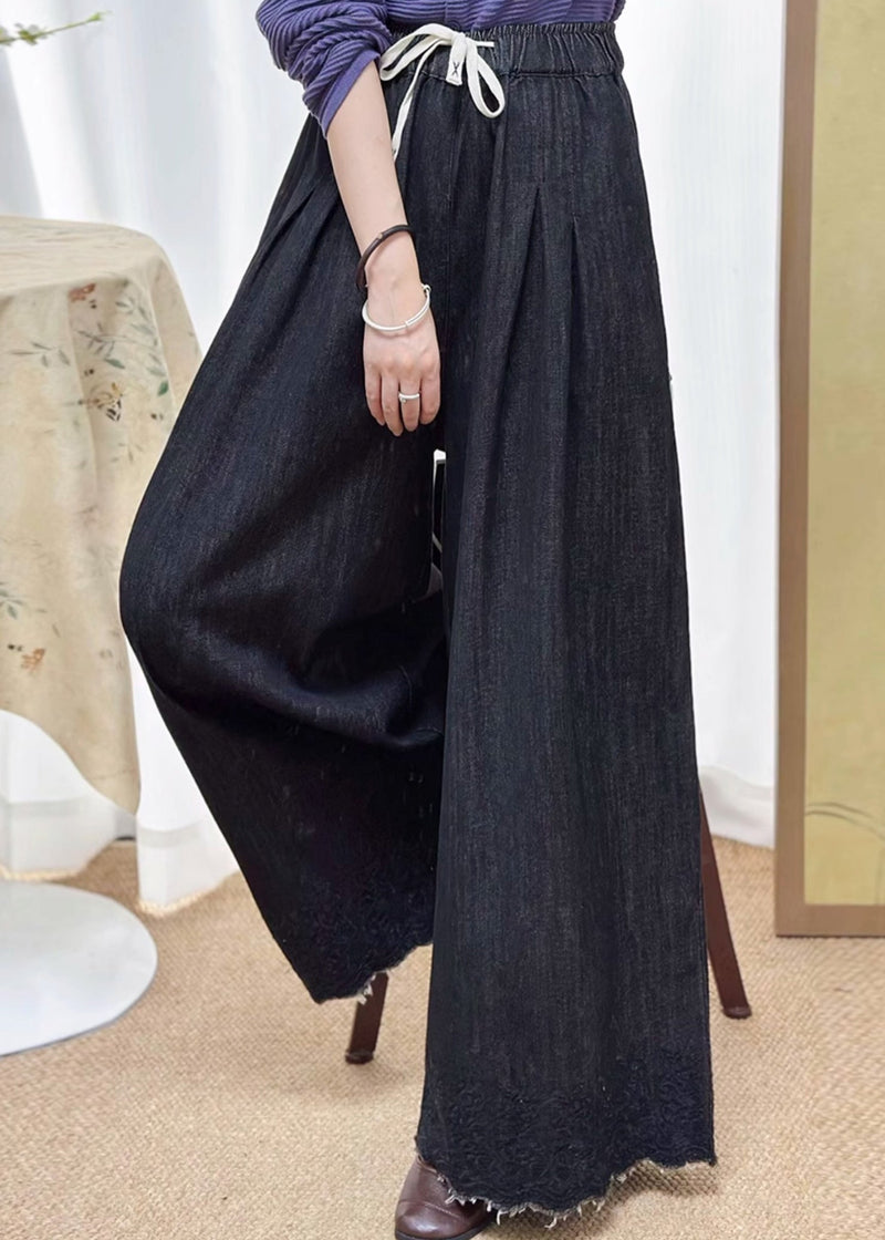 Black Pockets Elastic Waist Denim Wide Leg Pants Fall