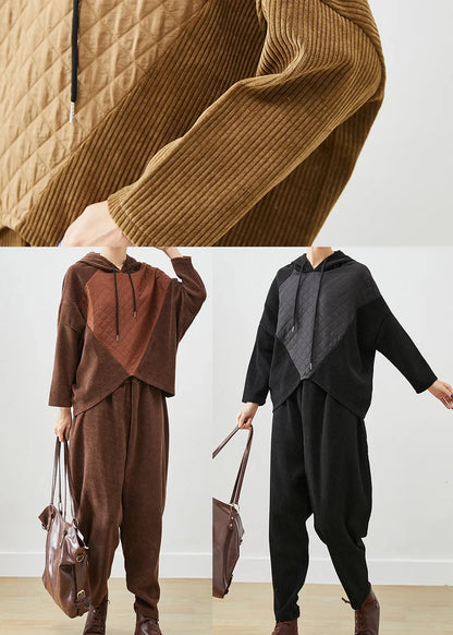 Black Hooded Patchwork Corduroy Two Pieces Set Fall