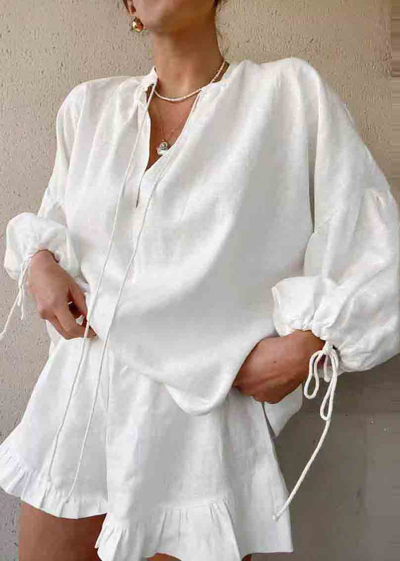 White Oversized Ruffled Cotton Sets 2 Pieces Summer