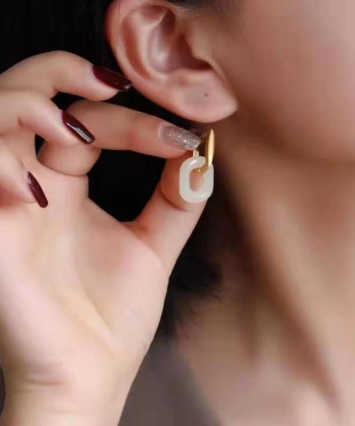 Diy White Sterling Silver Gilded Inlaid Jade Hoop Earrings