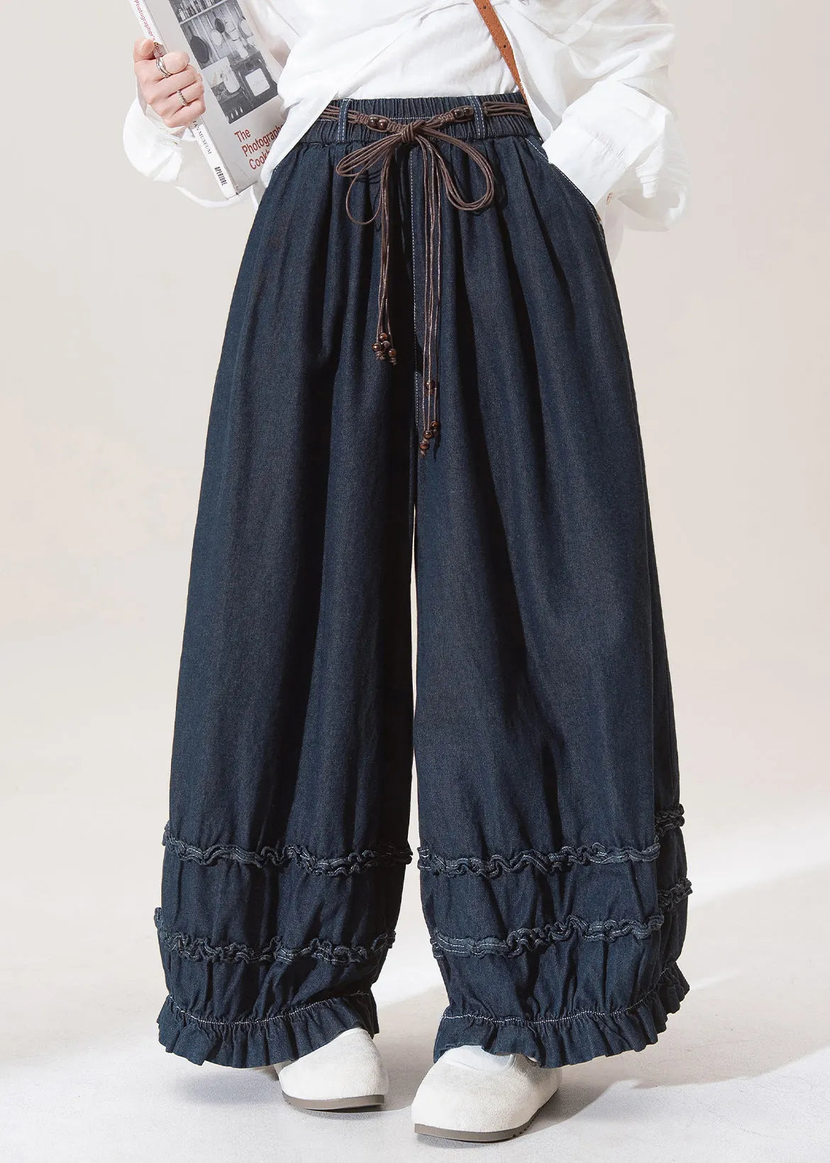 Dark Blue Dark Ruffled Pockets Lantern Jeans Spring