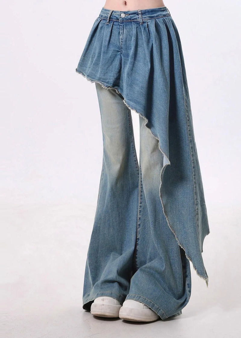 Blue Asymmetrical Patchwork Denim Flared Trousers Pants Spring