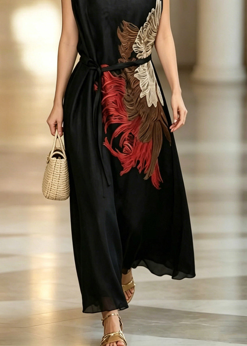 Handmade Black O-neck Embroidered Sashes Long Dresses Summer