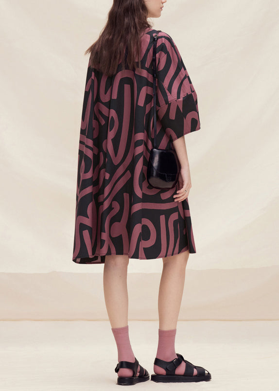 Brown O Neck Print Cotton Mid Dress Lantern Sleeve